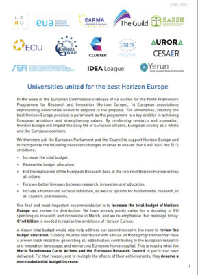 Joint Statements for the best Horizon Europe - August 2018